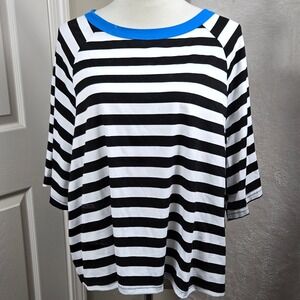 DOKOTOO Women's XL Top Black White Striped Blue Neckline 3/4 Sleeve Raglan‎